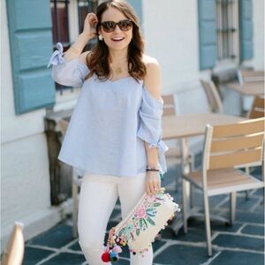 After Market Off Shoulder Blue Striped Ruffle Top Medium Coastal Preppy NWT